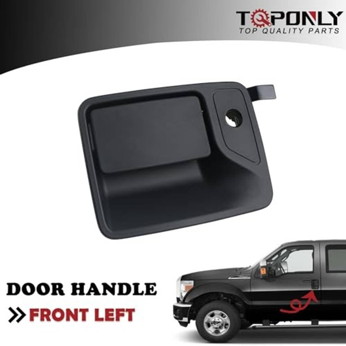 Textured black exterior door handle with oval keyhole opening and side mounting tab