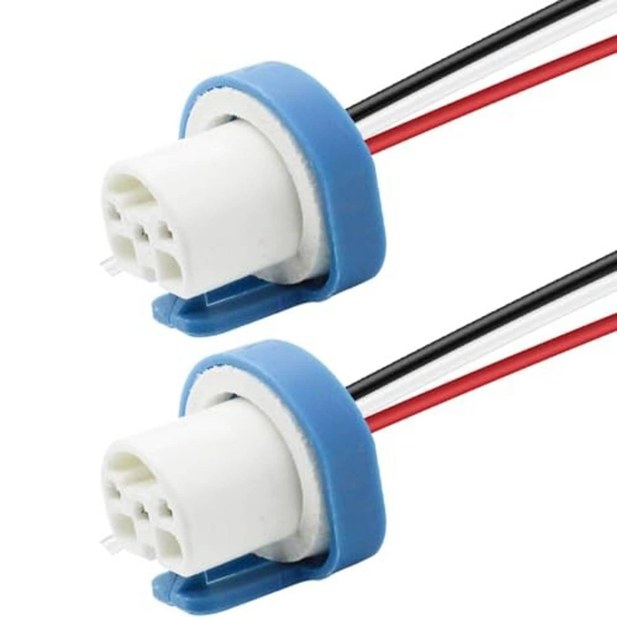 Pair of 3-pin headlight wiring harness sockets with blue housing and red/black wires