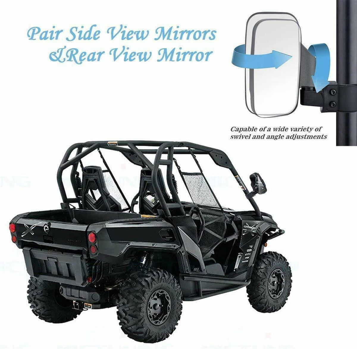UTV pair side view mirrors with black mounts and clear rectangular mirror panels
