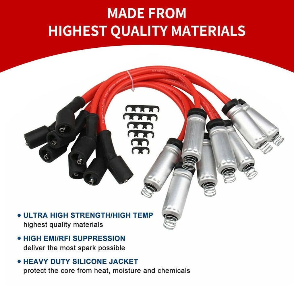 Ignition coil wire set with red silicone jacket, silver boots, and terminal hardware
