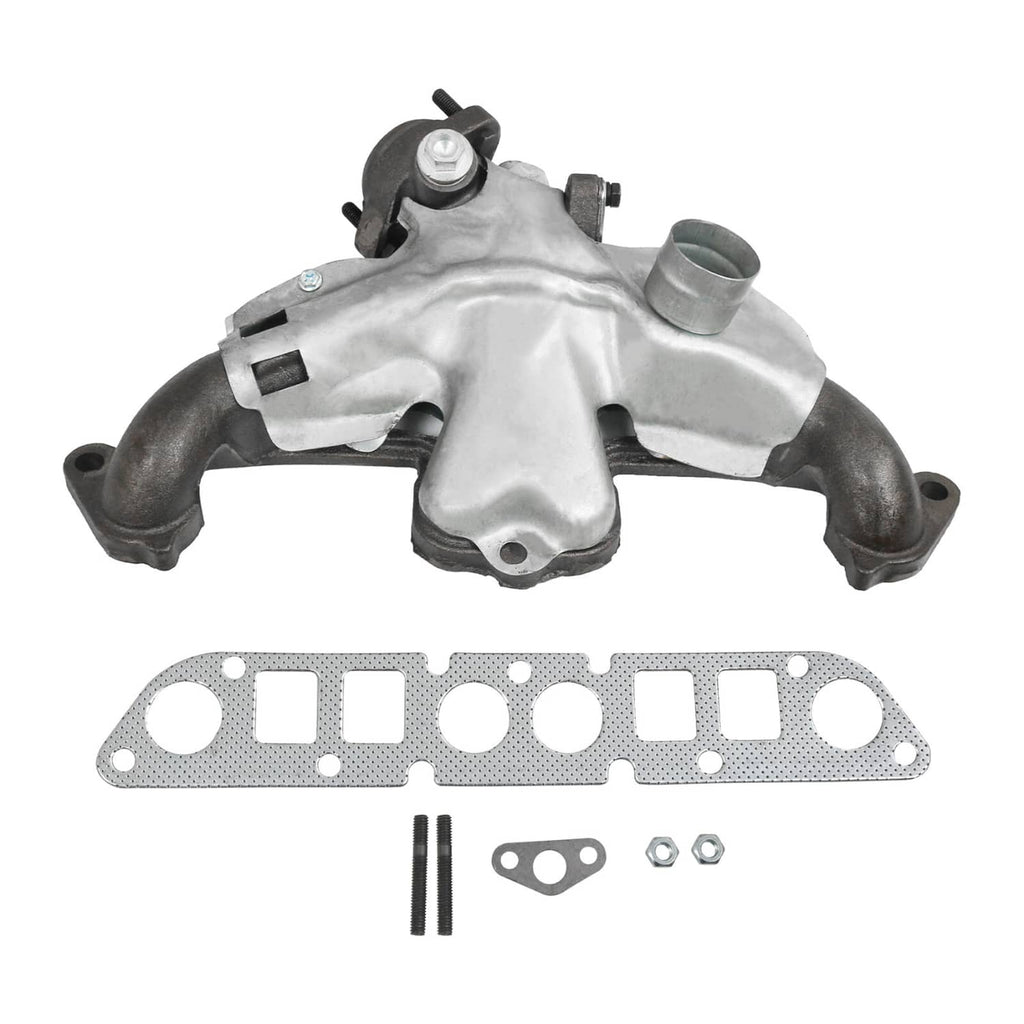 Cast iron exhaust manifold with gasket kit, silver with black ports and flange hardware