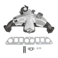 Cast iron exhaust manifold with gasket kit, silver with black ports and flange hardware