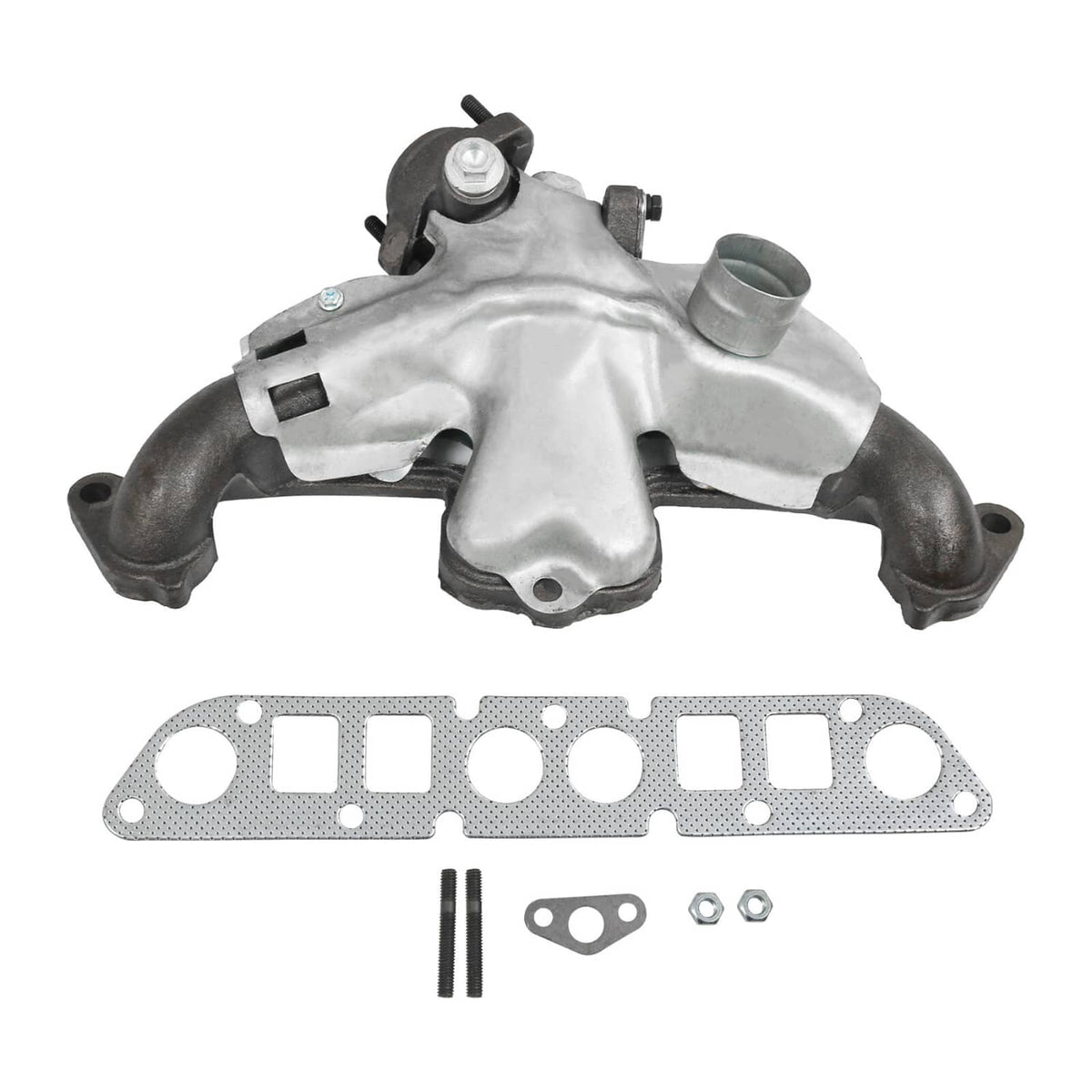 Cast iron exhaust manifold with gasket kit, silver with black ports and flange hardware
