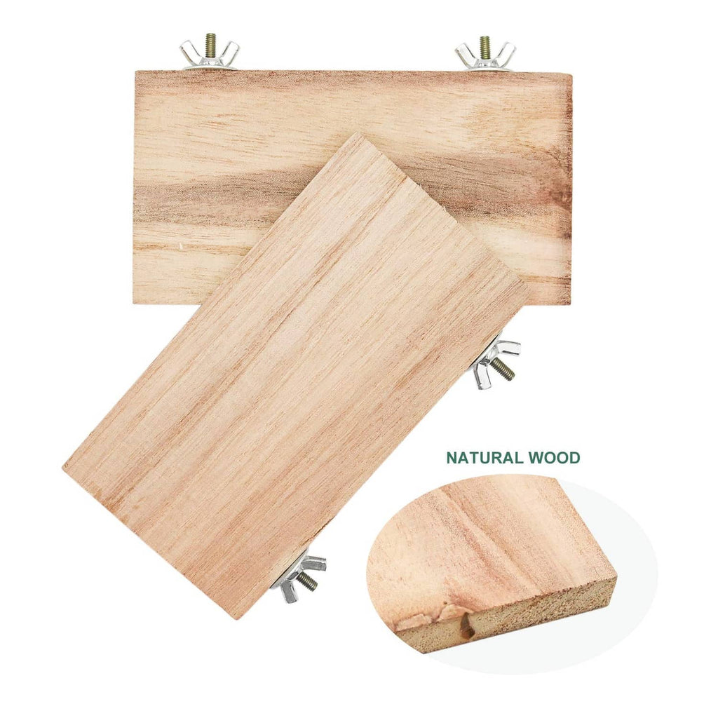 Natural wood bird perch platforms with metal screw clips and angled board