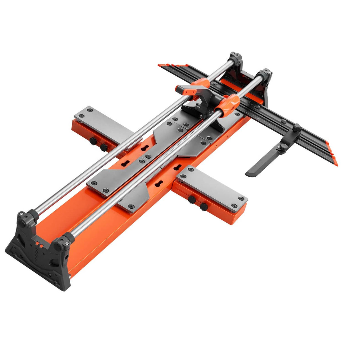 Manual tile cutter with orange supports, long rails, and mounted cutting wheels and head