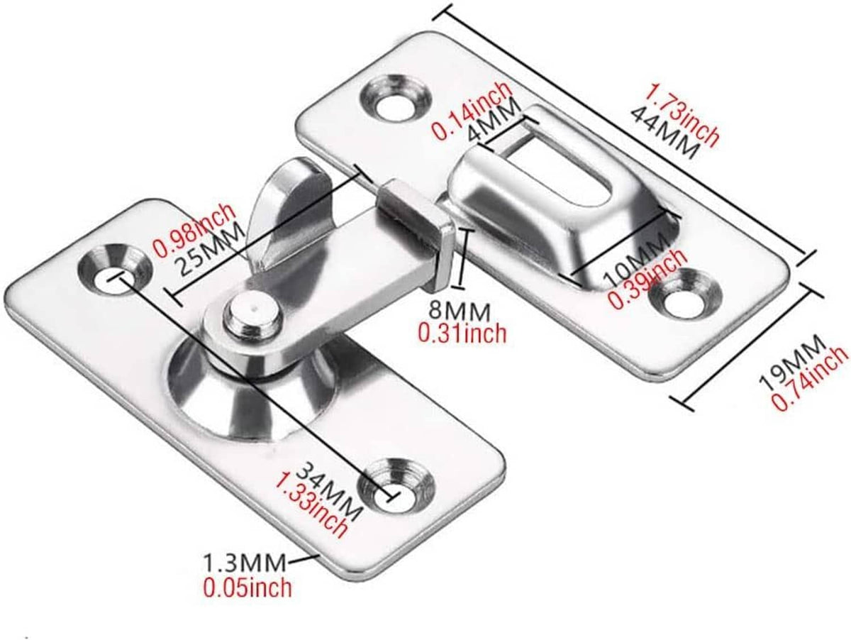 Stainless steel door hasp latch with dimensions, mounting holes, and 90-degree catch