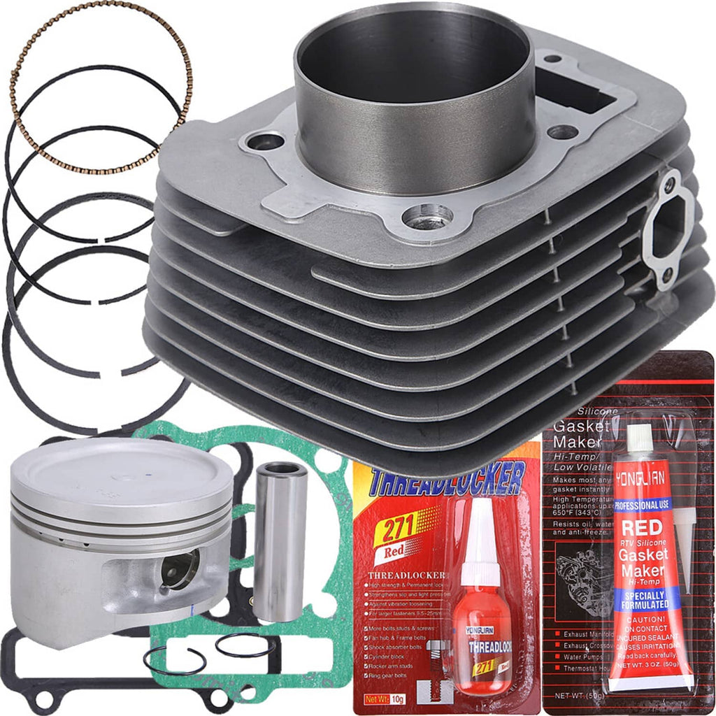 ATV cylinder head rebuild kit with finned cylinder, piston, rings, and gasket set, silver