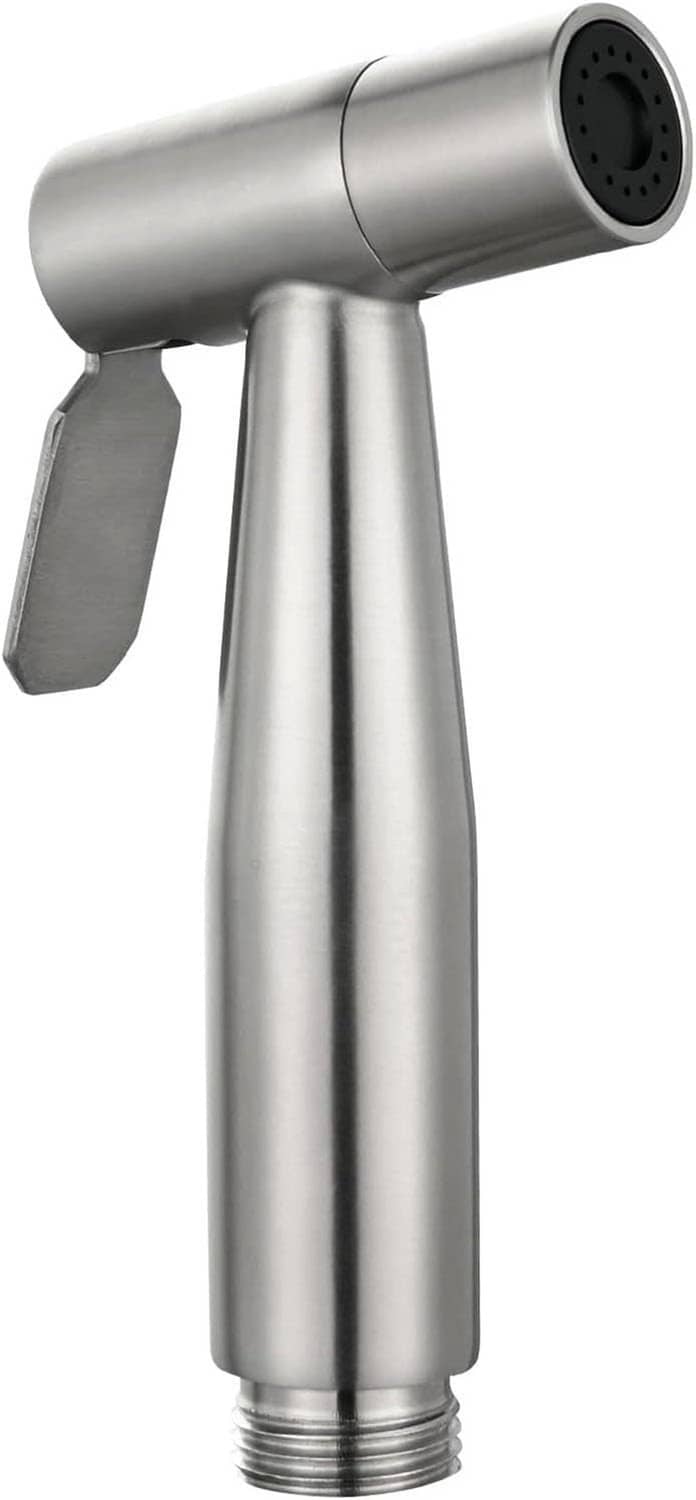 Stainless steel bidet sprayer nozzle with thumb trigger, close-up front view