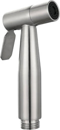 Stainless steel bidet sprayer nozzle with thumb trigger, close-up front view