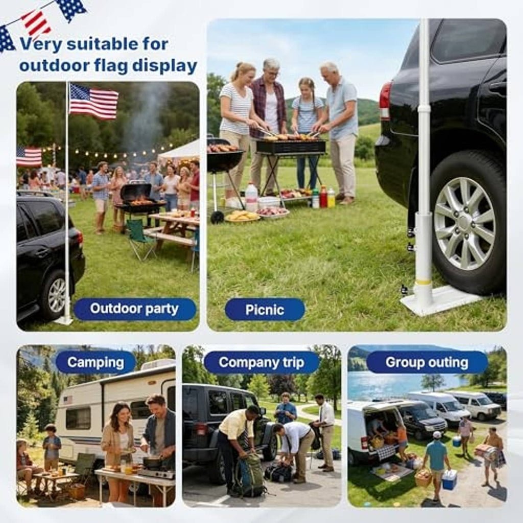 White tire-mounted flag pole base for outdoor parties, picnics, camping, and trips