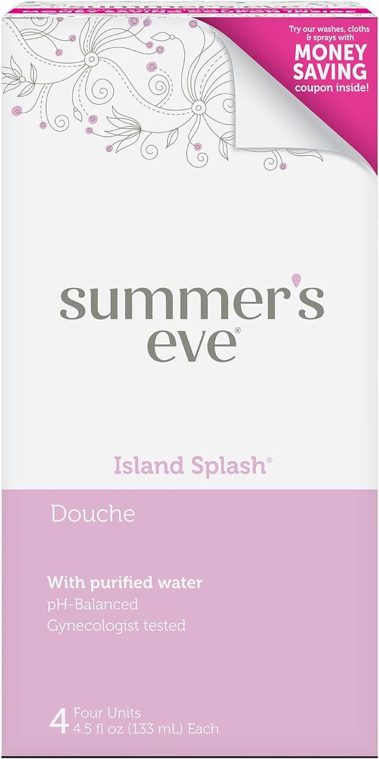 summer's eve Island Splash douche box with Money Saving banner and pink/white design