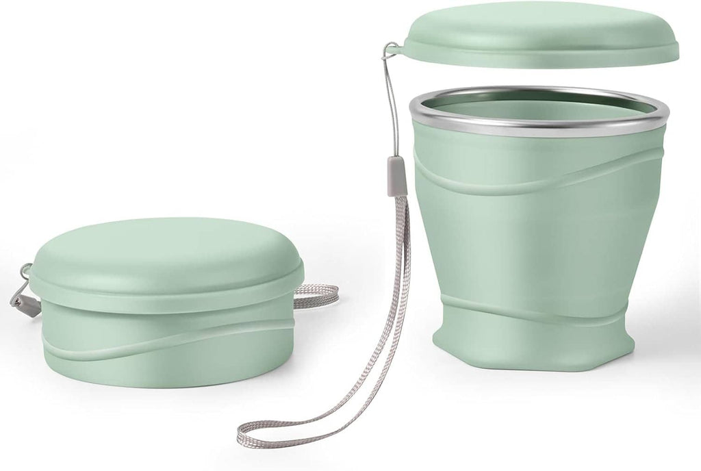 Mint collapsible silicone cup with lid and stainless rim, with carry strap