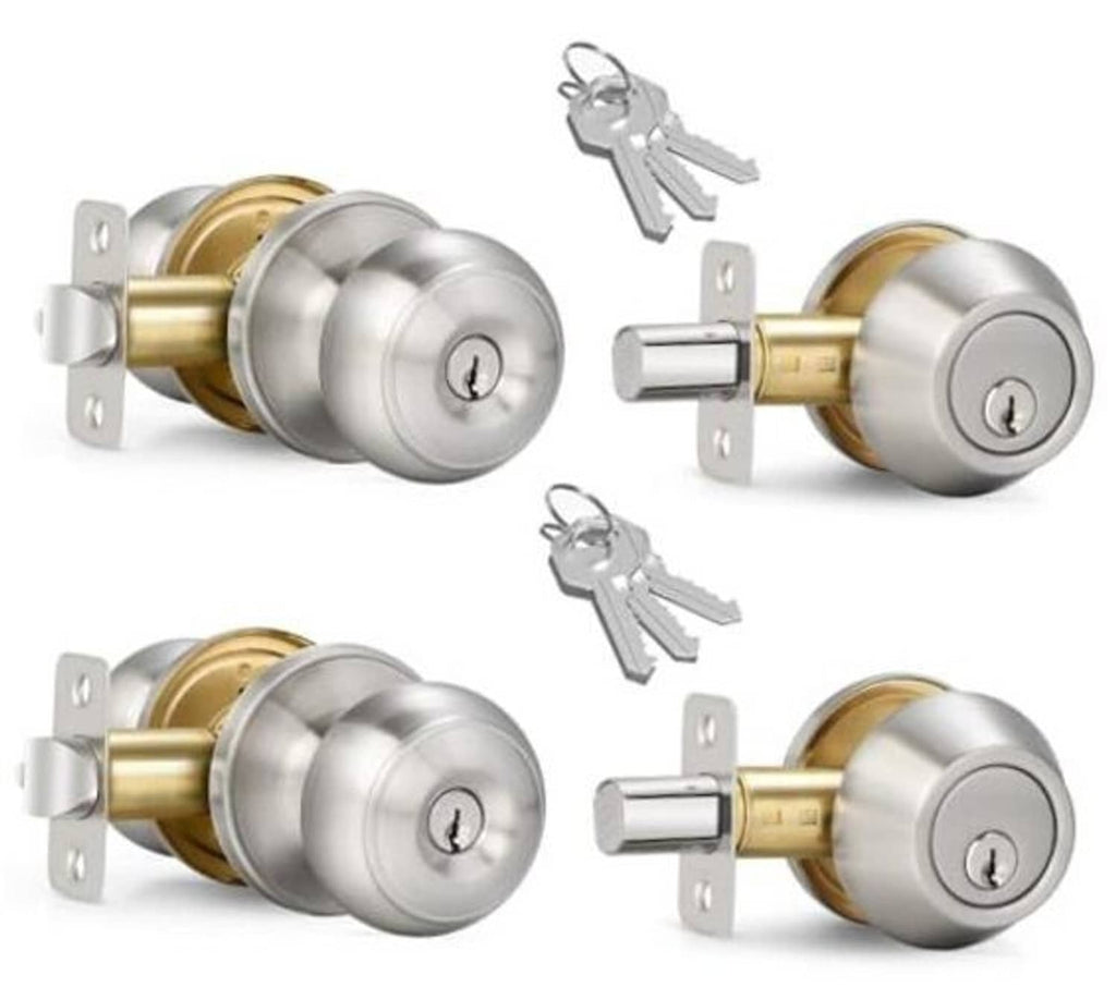 Satin nickel entry door knob and single-cylinder deadbolt set with keys