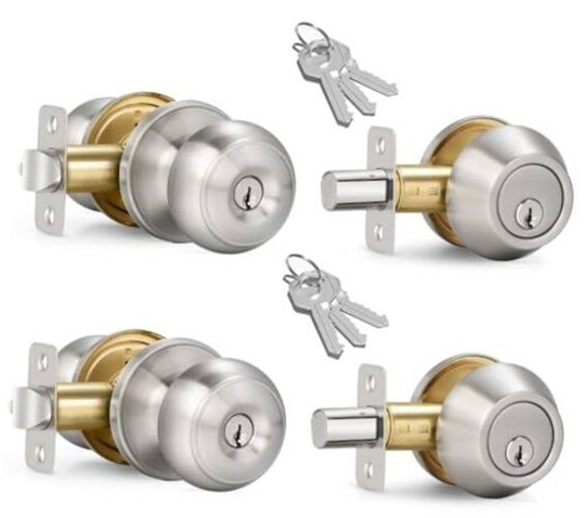 Satin nickel entry door knob and single-cylinder deadbolt set with keys
