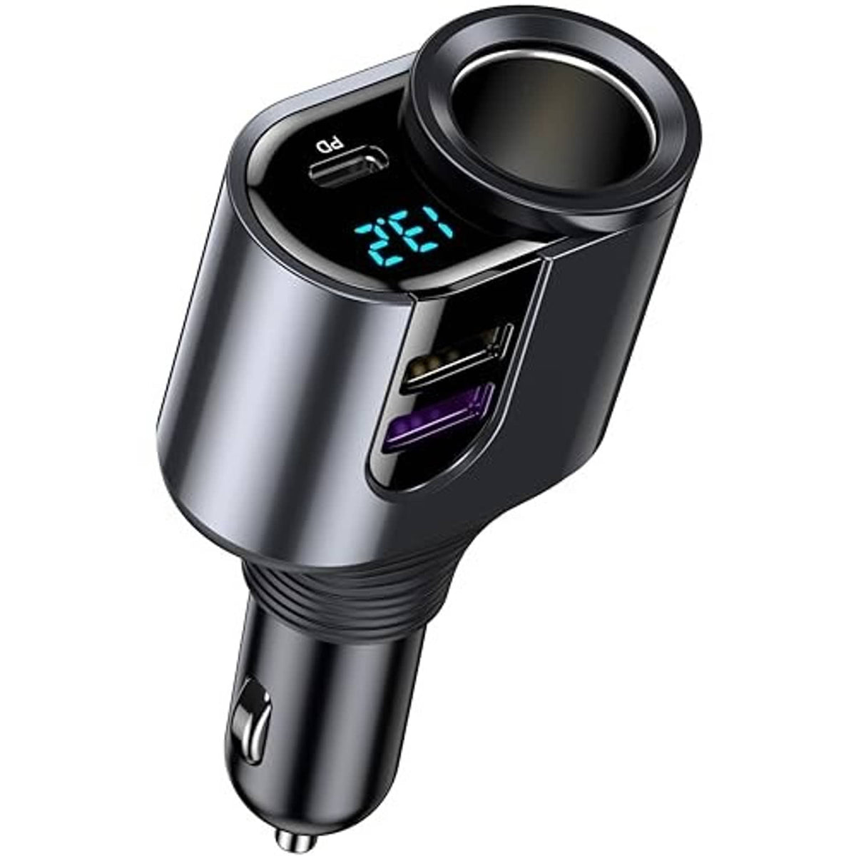 Angled view: silver car USB-C fast charger splitter with blue LED display and 3 USB ports
