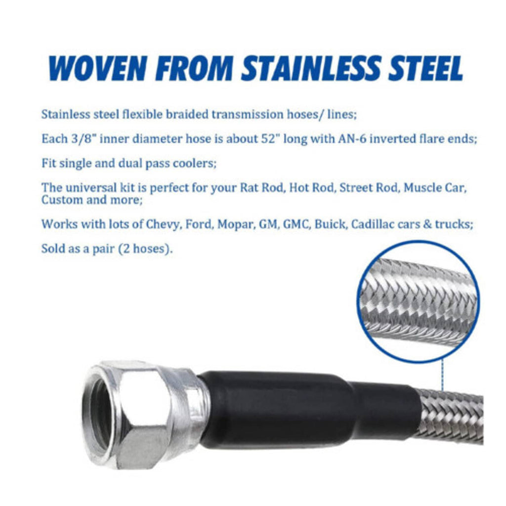 Stainless steel braided transmission hose lines with AN-6 inverted flare ends