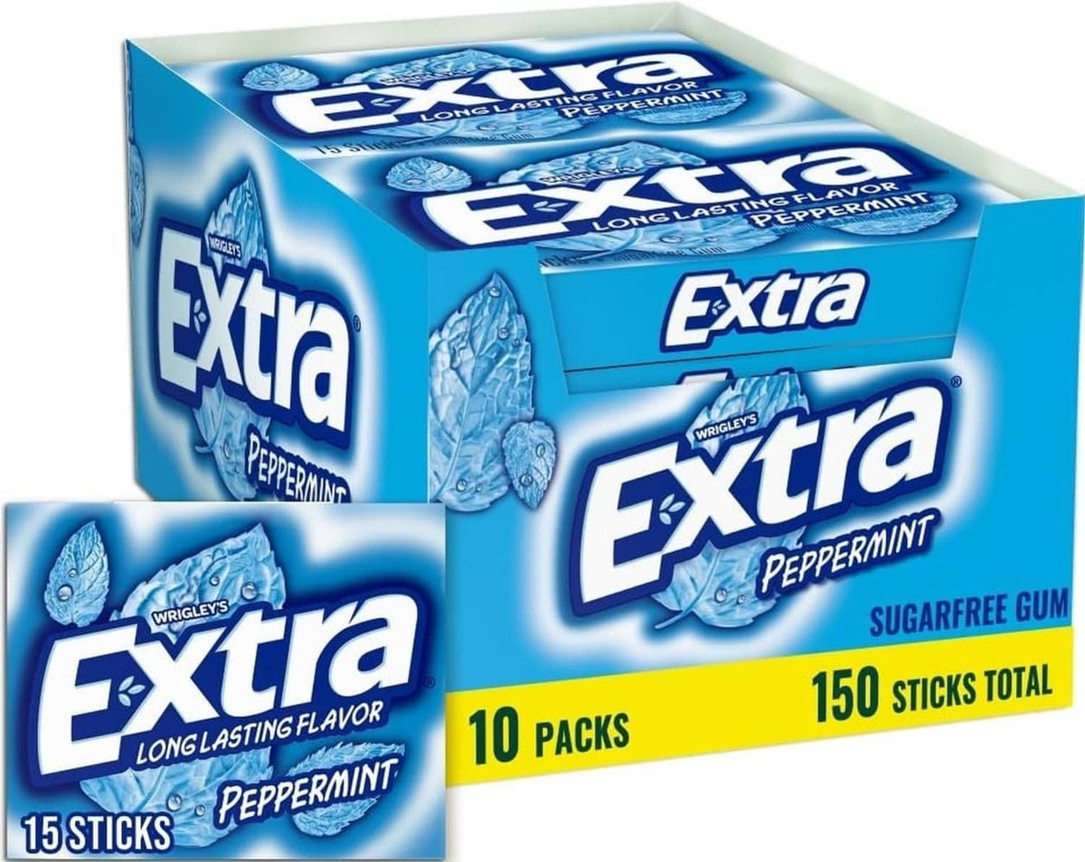 Peppermint sugarfree gum box, Extra brand, 10 packs and 150 sticks total