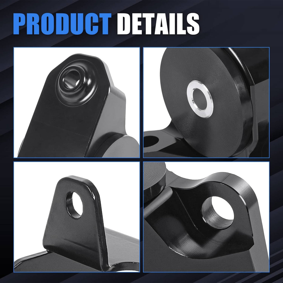 Close-up of black billet motor mount bracket with round bushing and mounting hole