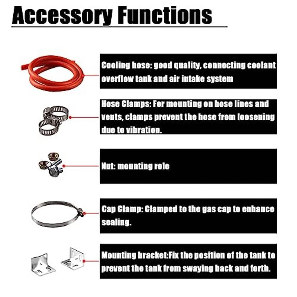 Coolant overflow accessory kit with red hose, hose clamps, and mounting bracket parts