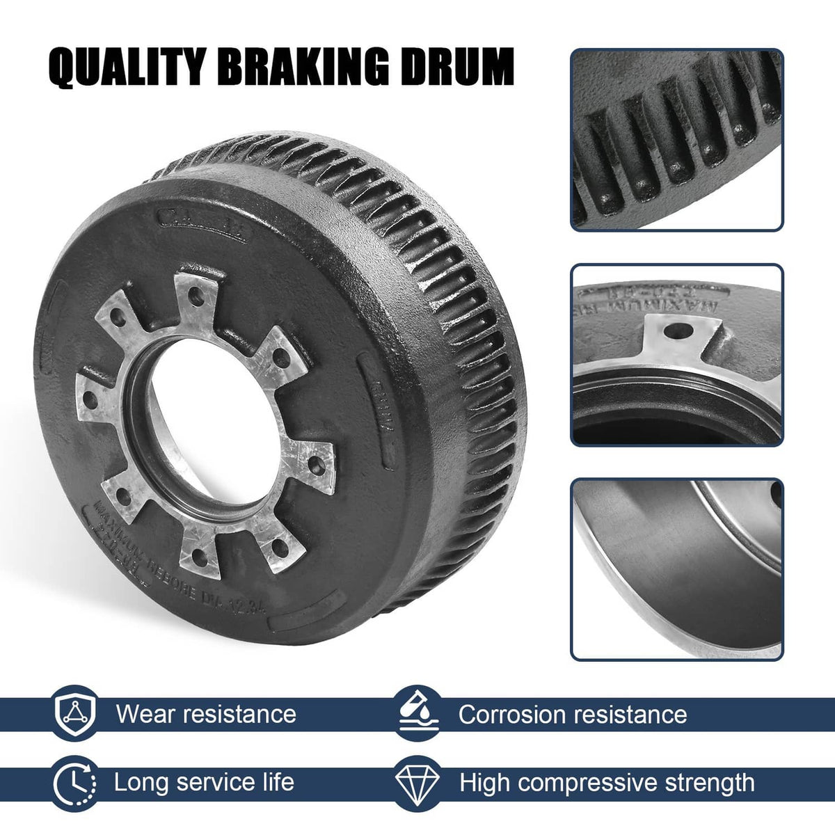 Trailer brake drum with serrated ventilation ring and bolt-holes around the hub opening