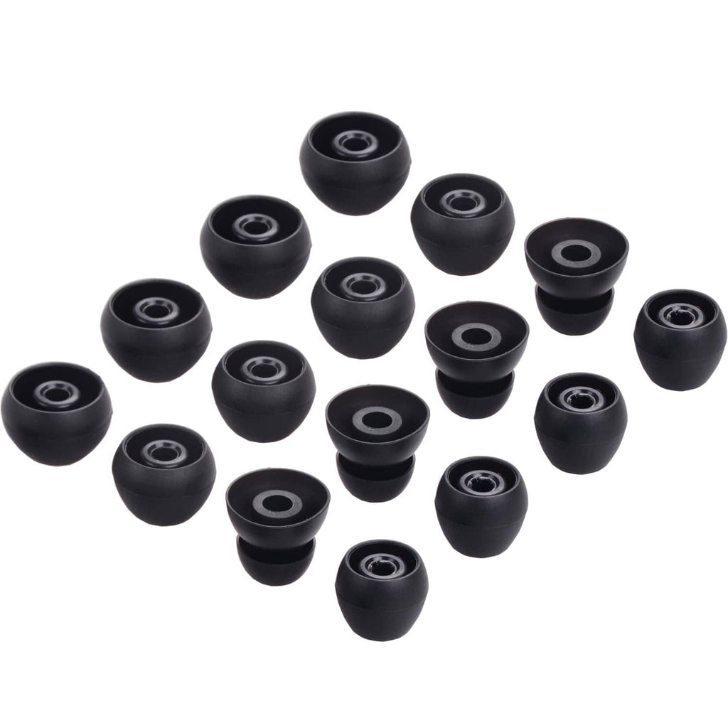 Black silicone earbud tips with centered sound holes, assorted replacement set