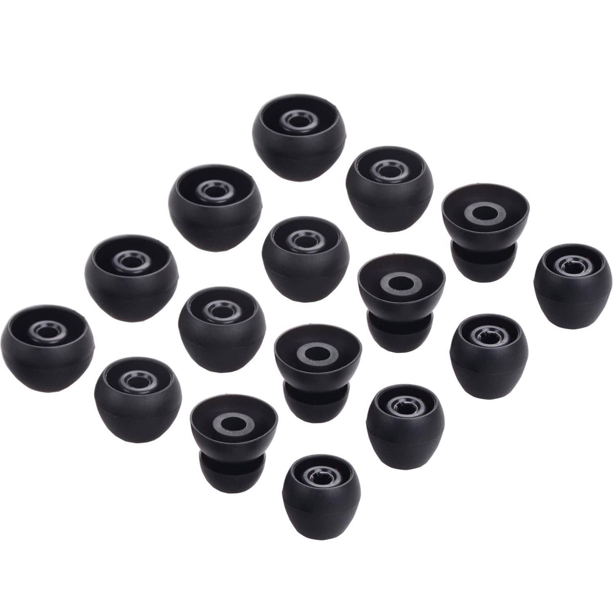 Black silicone earbud tips with centered sound holes, assorted replacement set