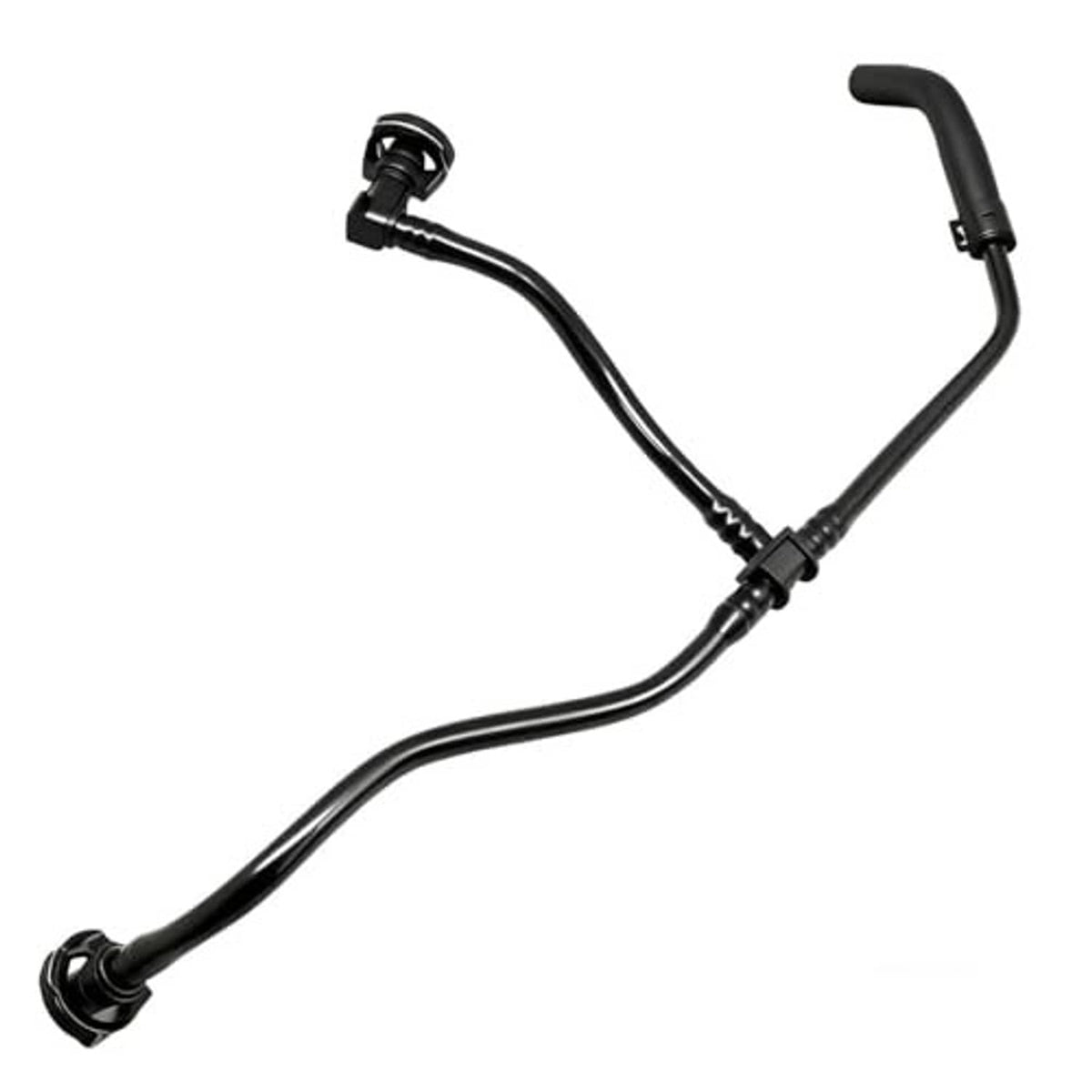 Black coolant expansion tank bypass hose with molded ends and clamp fasteners