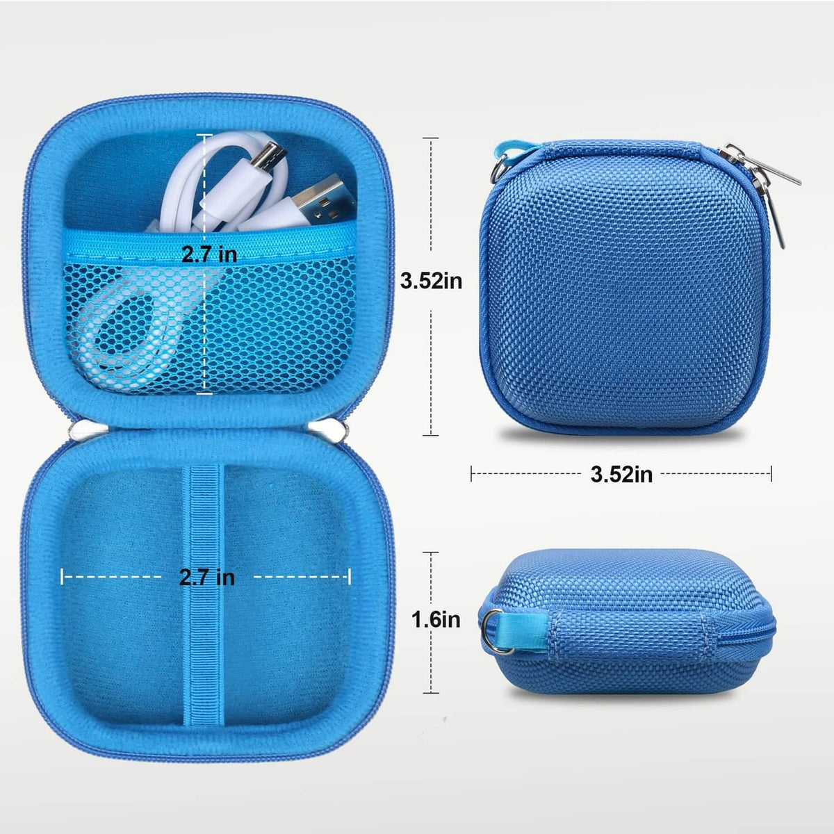 Blue EVA SSD case, front and side views with zipper and carry loop