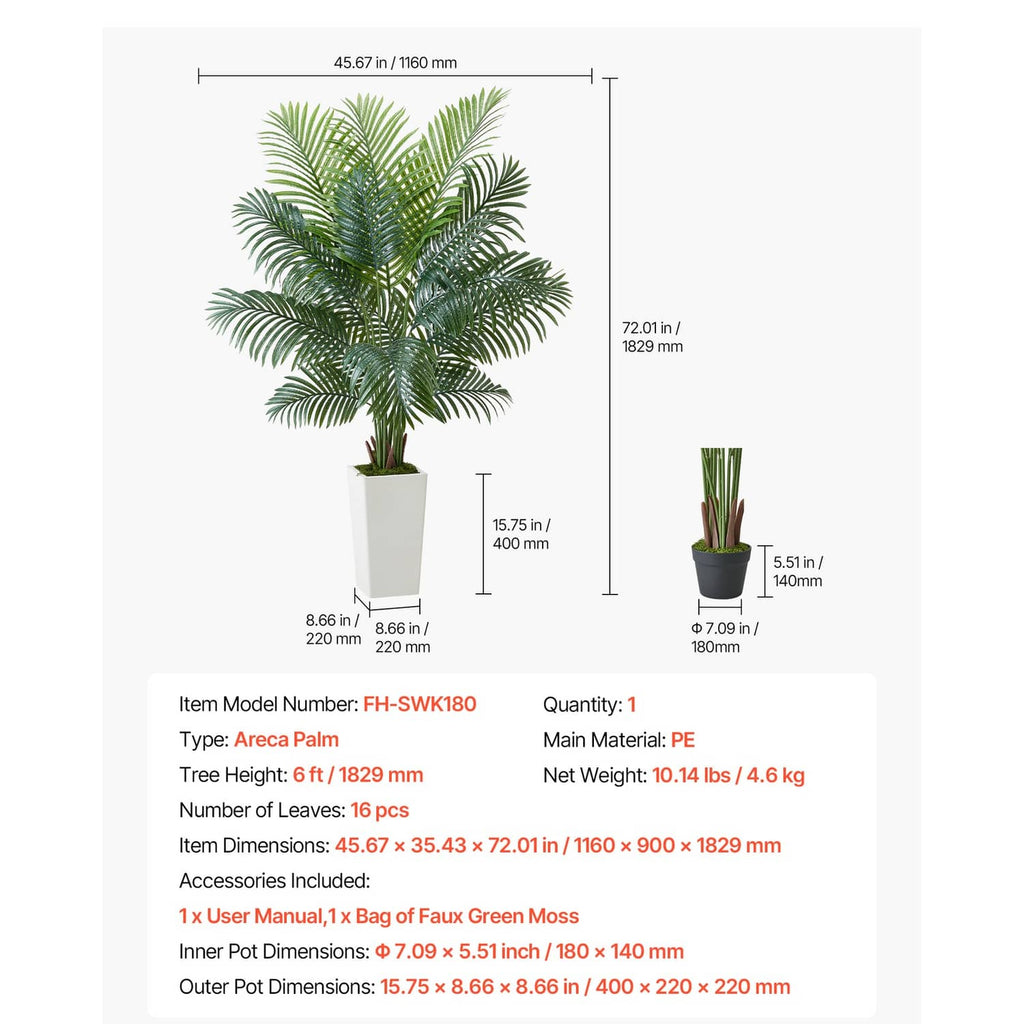 Artificial areca palm tree in a white pot with size measurements and faux moss base