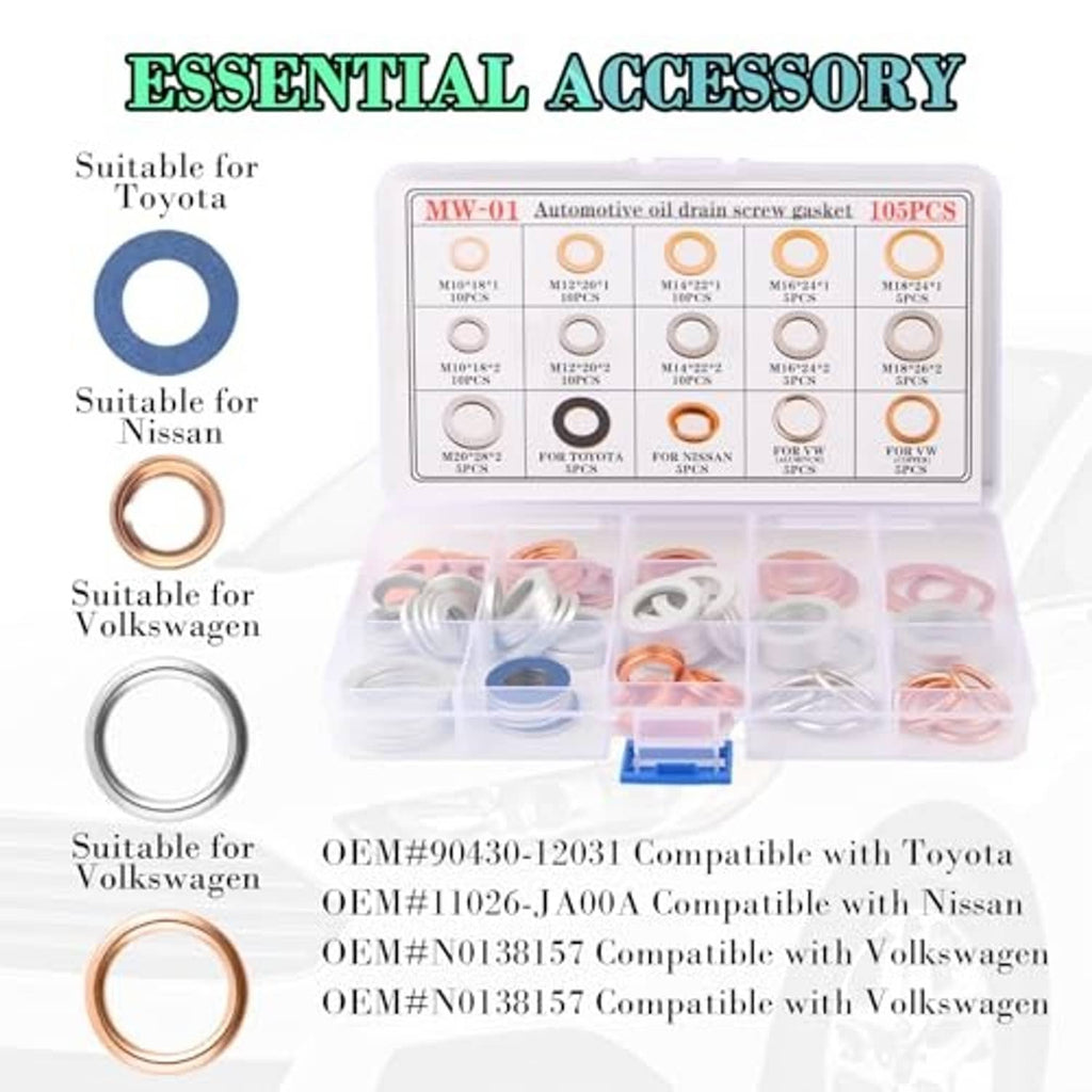 Car oil drain plug gasket accessory kit with assorted rings and storage case