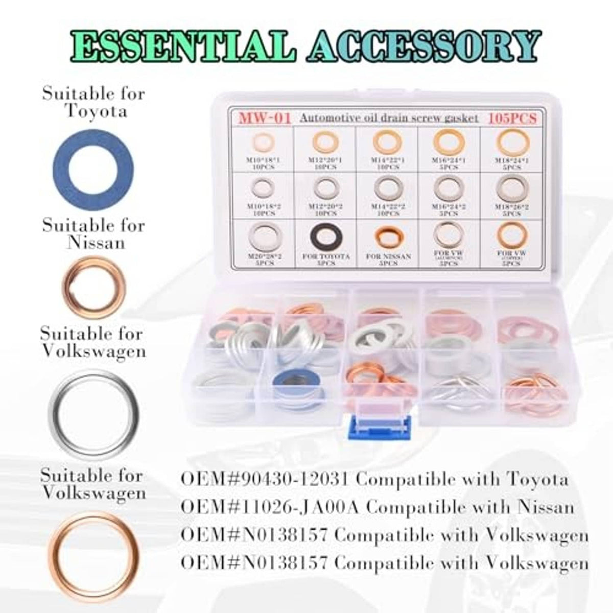 Car oil drain plug gasket accessory kit with assorted rings and storage case