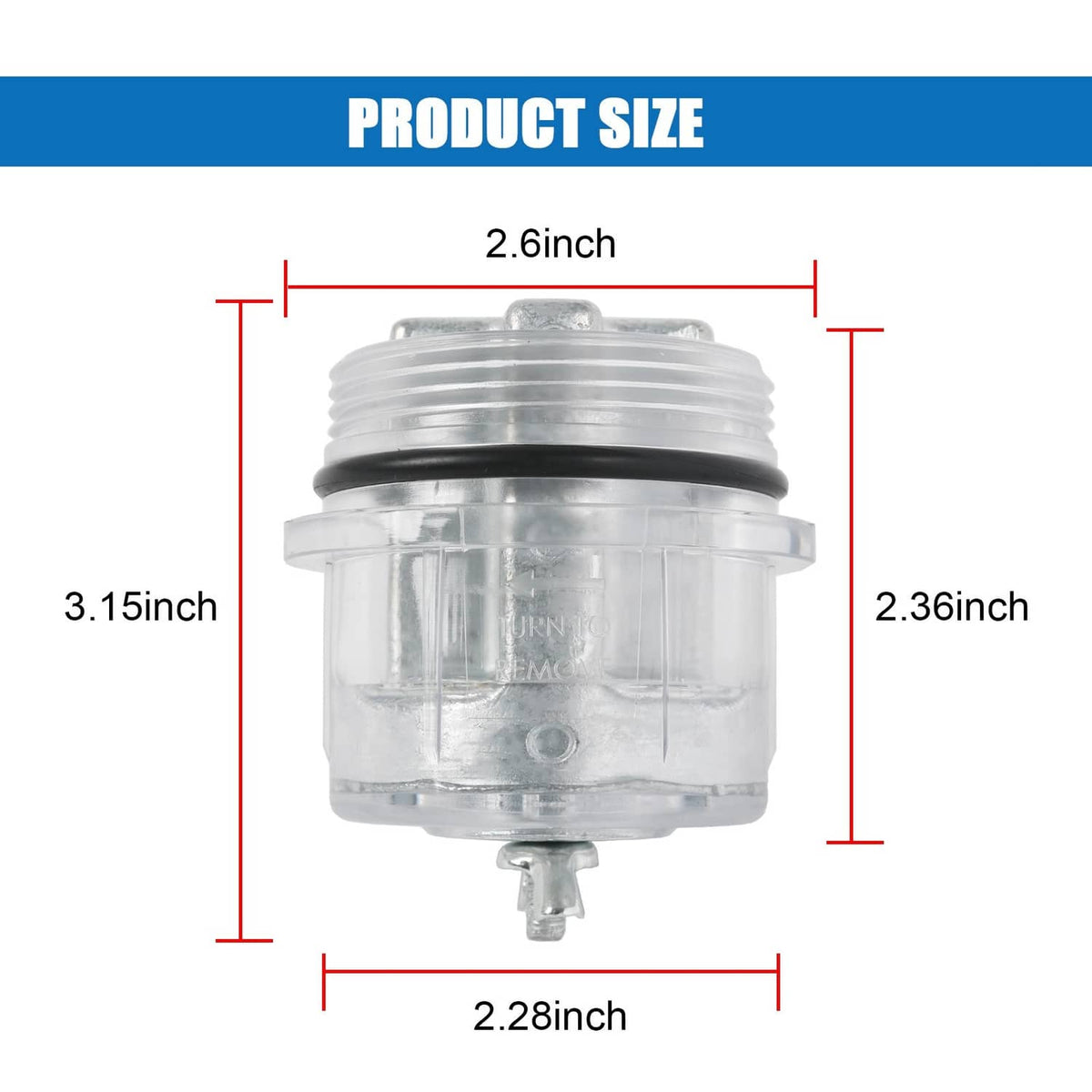 Clear heater shield assembly with size marks: 2.6 in width and 3.15 in height
