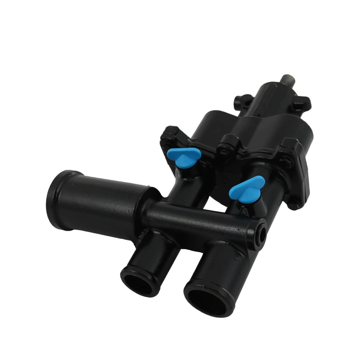 Black sea water pump assembly with blue service tabs and multiple hose ports