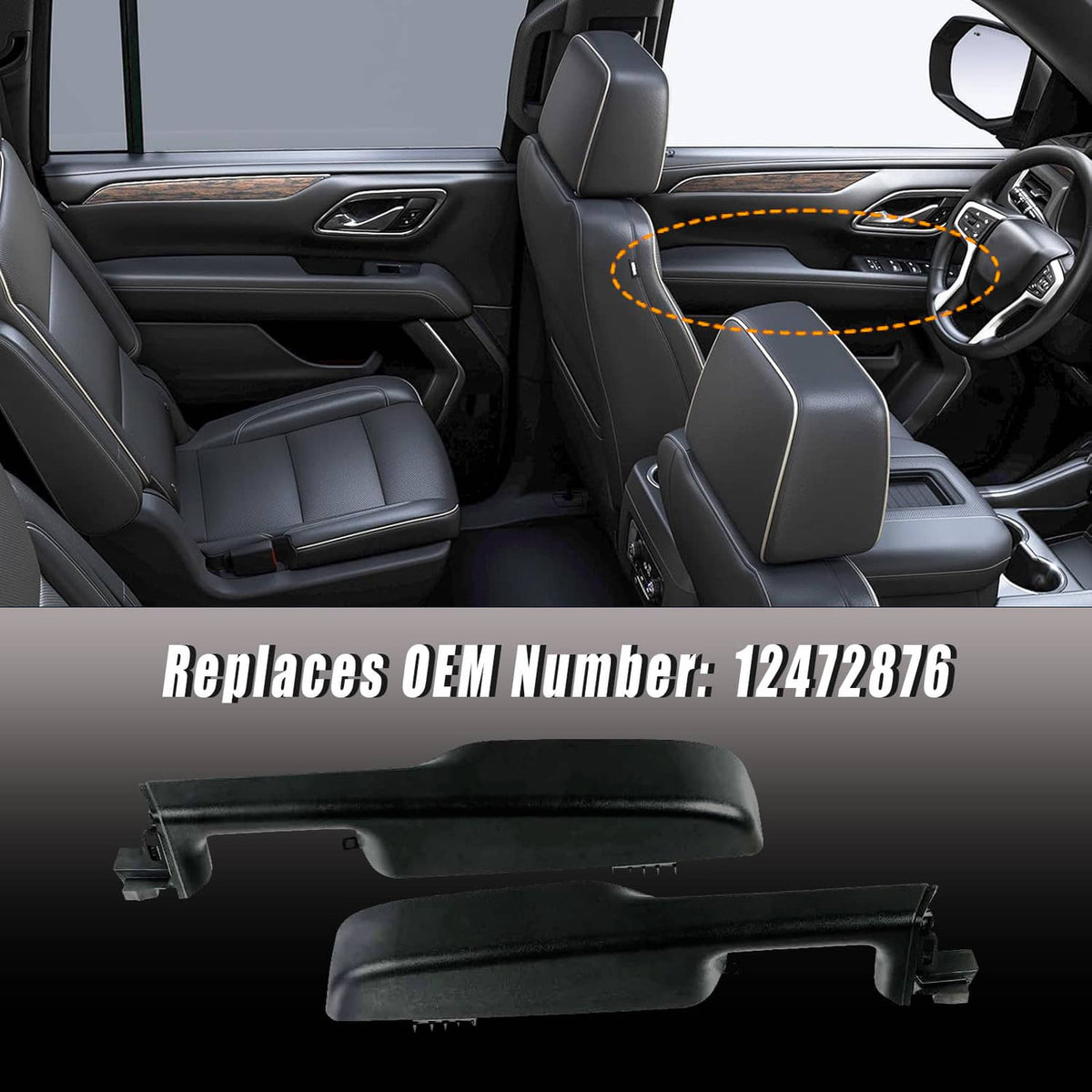 Black front driver and passenger door armrest handle replacing OEM part, shown installed
