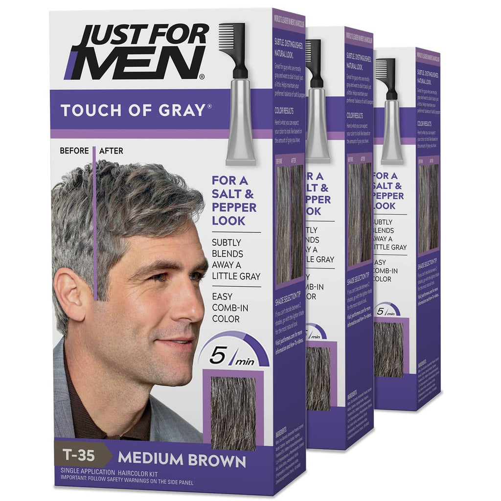 Men's hair color kit box with comb applicator, Touch of Gray, medium brown shade