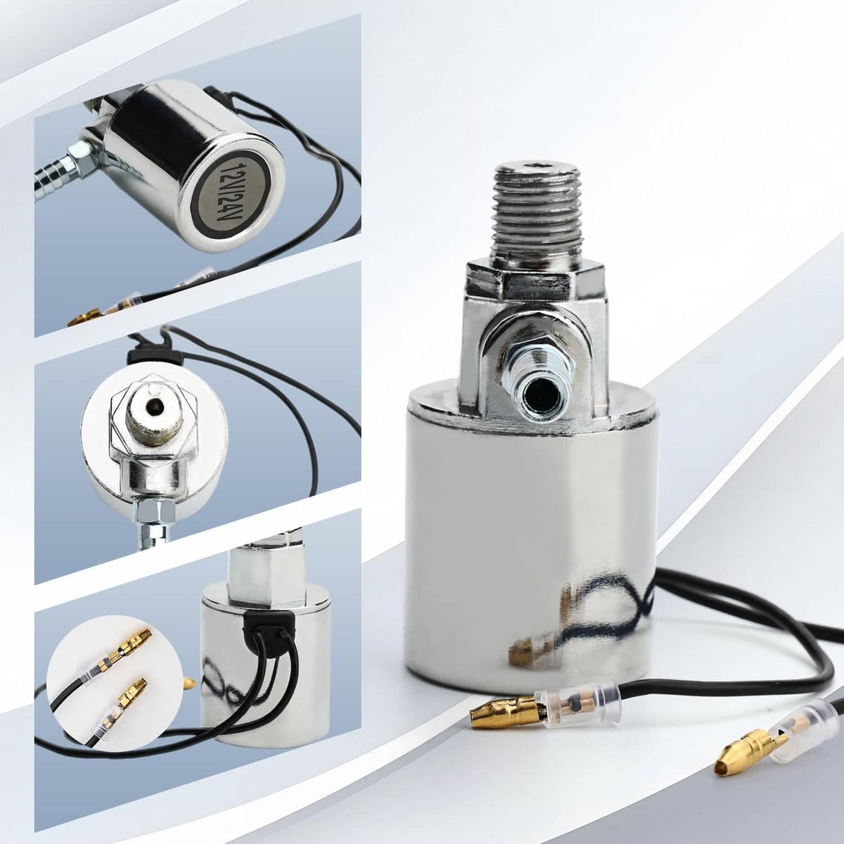 Air horn solenoid valve with threaded top, brass fittings, and black power wires