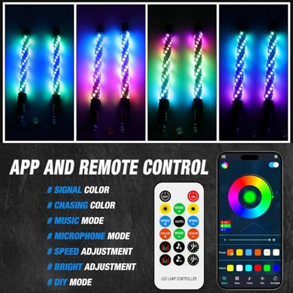 Set of four spiral LED whip lights with app remote for color control
