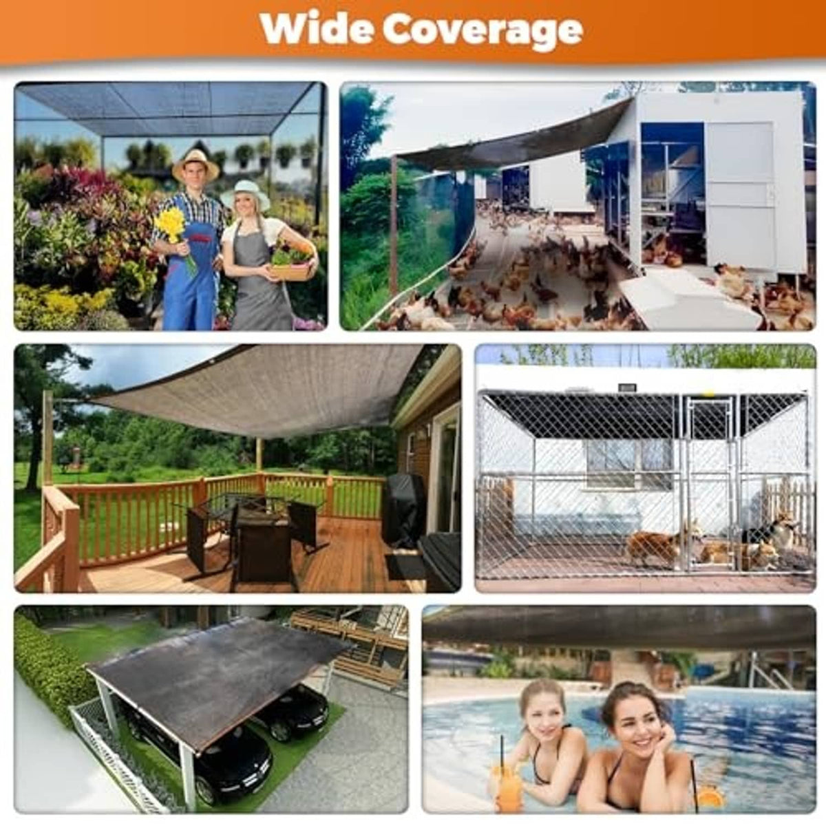 Dark shade cloth panels for wide coverage, including yard and animal enclosure