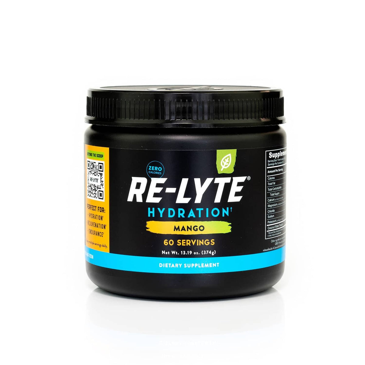 Mango electrolyte hydration powder jar with black lid and front label