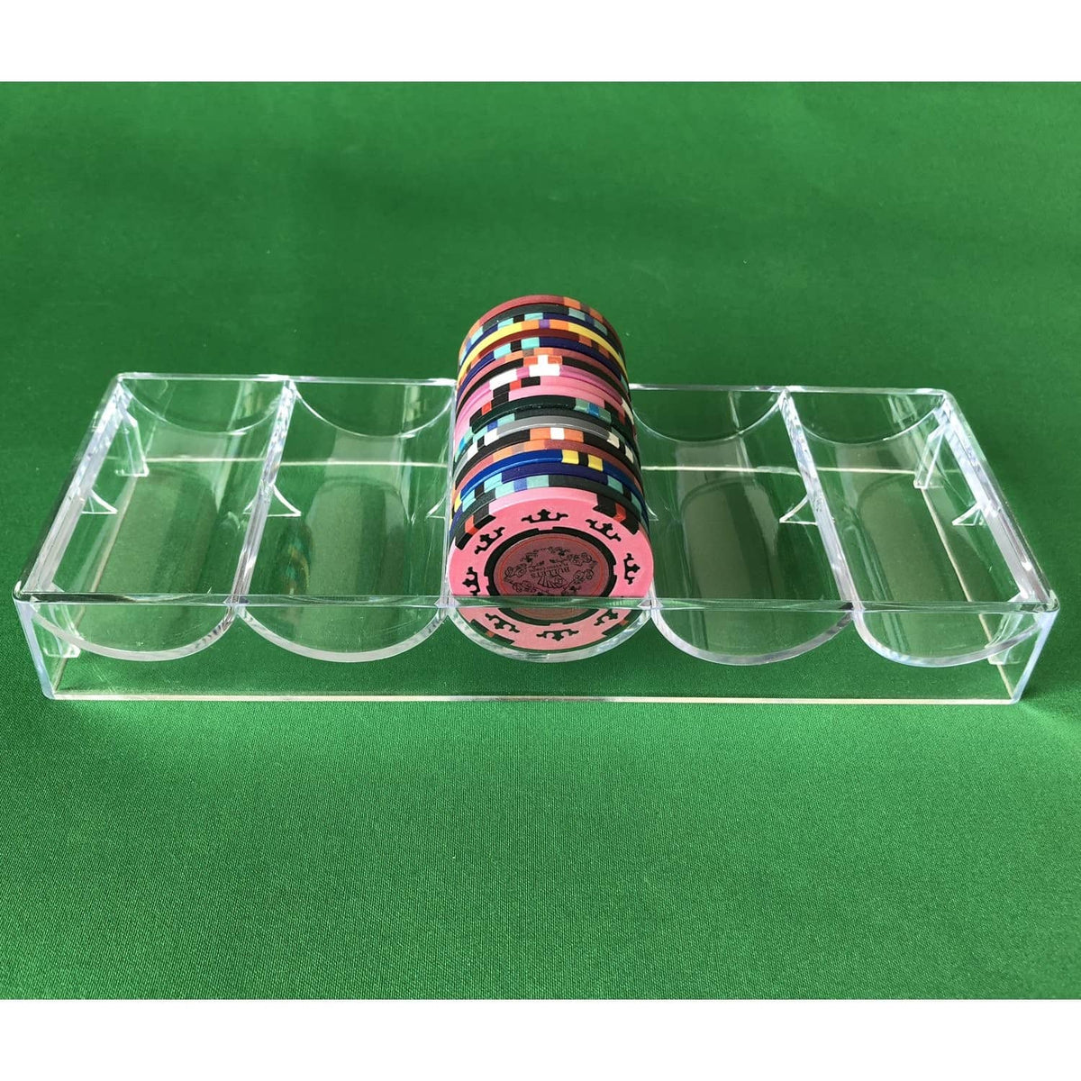 Clear acrylic chip tray holding stacked poker chips