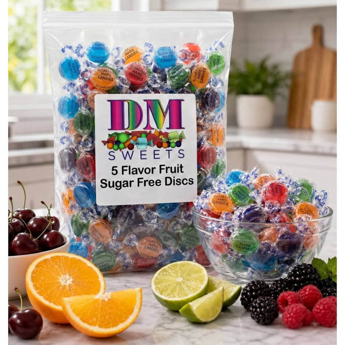Sugar-free fruit discs candy bag with DM Sweets label, 5 flavor variety