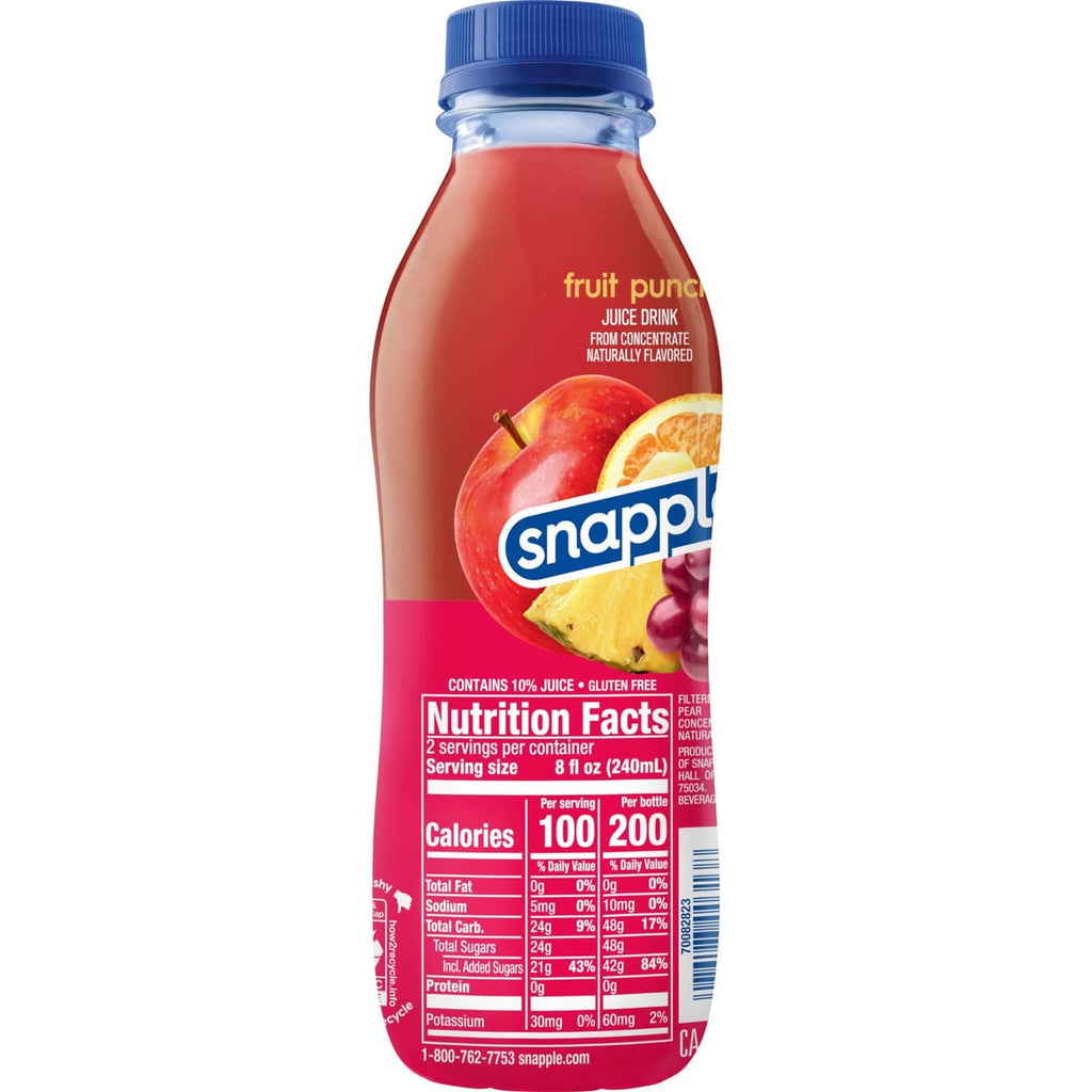Snapple fruit punch juice drink bottle nutrition label panel on back side