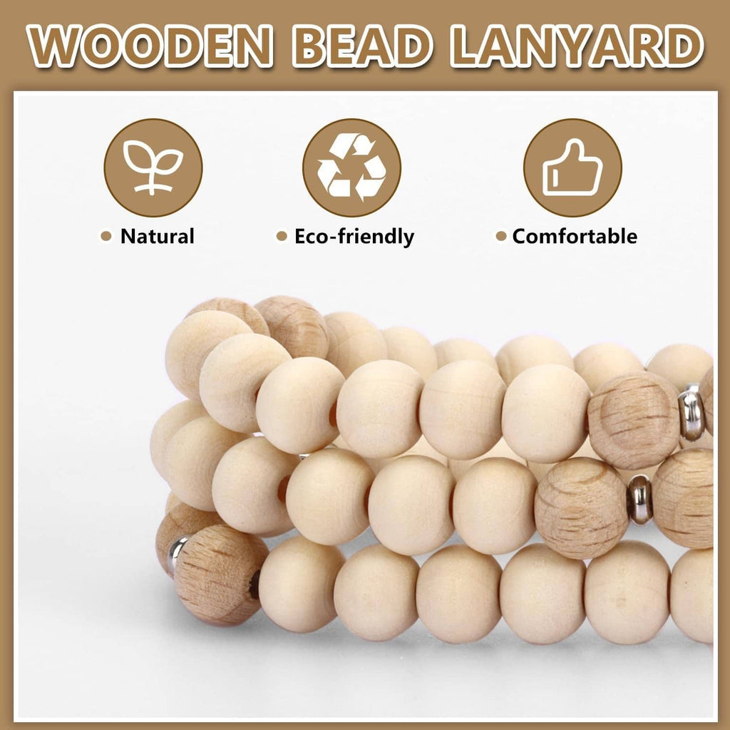 Natural wooden bead lanyard with flower charm and round metal badge reel clasp