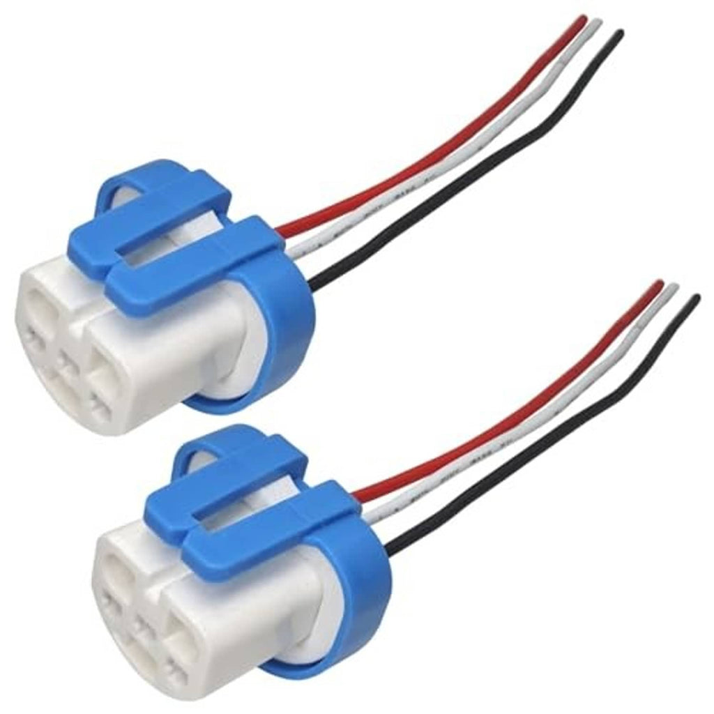 Male headlight plug pigtails, blue housings with red and black wire leads, side view