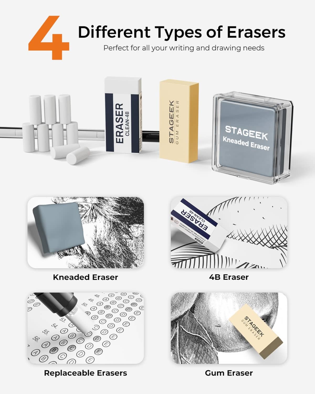 Assorted eraser types in small cases, including kneaded and replaceable erasers