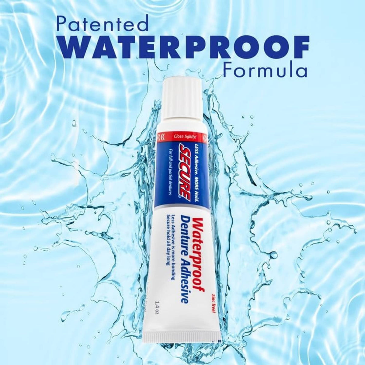 Waterproof denture adhesive tube labeled patented WaterProof formula, Secure brand