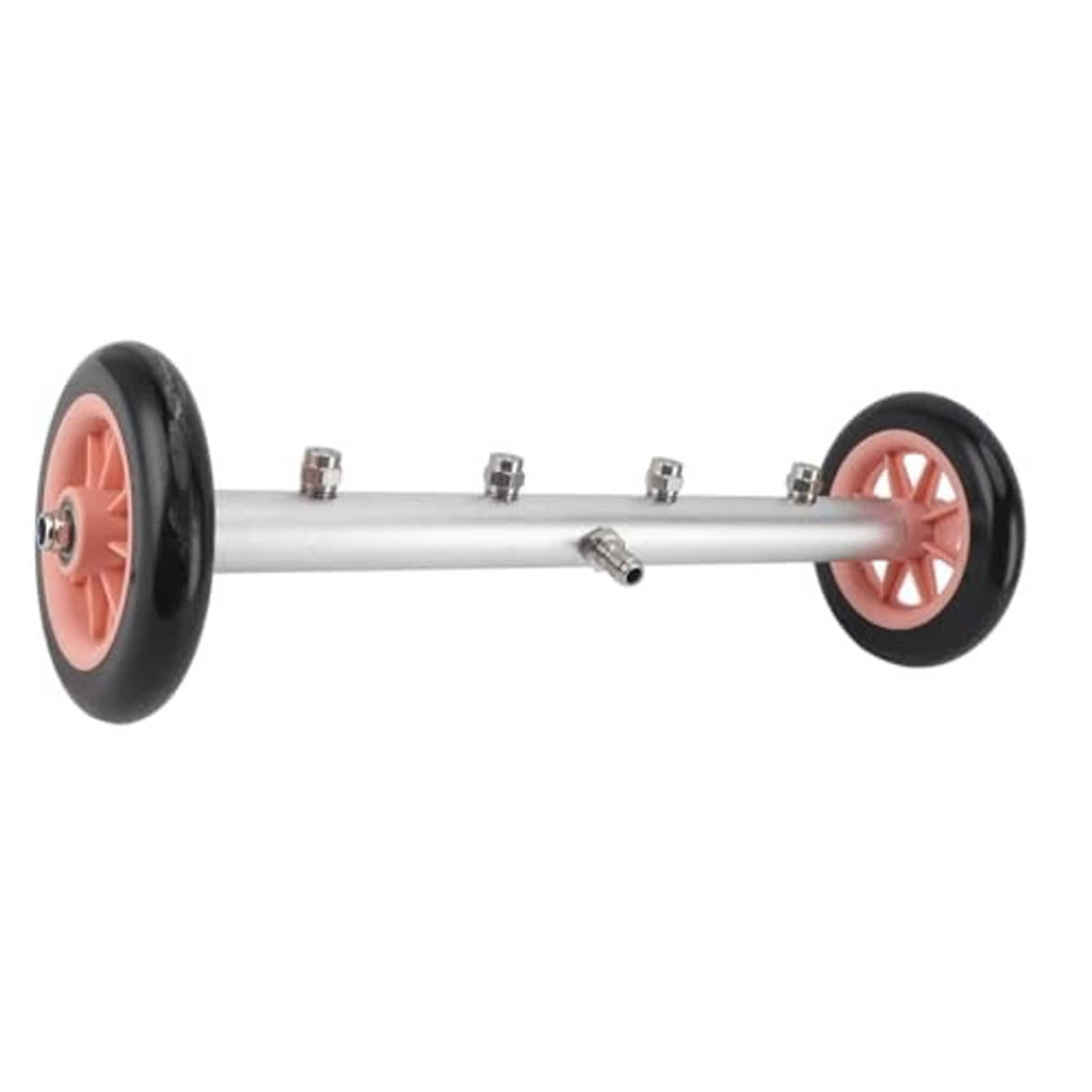 Undercarriage pressure washer attachment with silver shaft, red wheels, and metal fittings