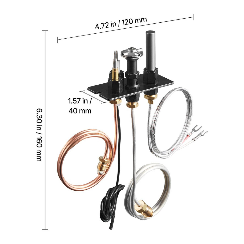 Natural gas pilot ignition assembly with black base, copper tubing loop, braided sensor line