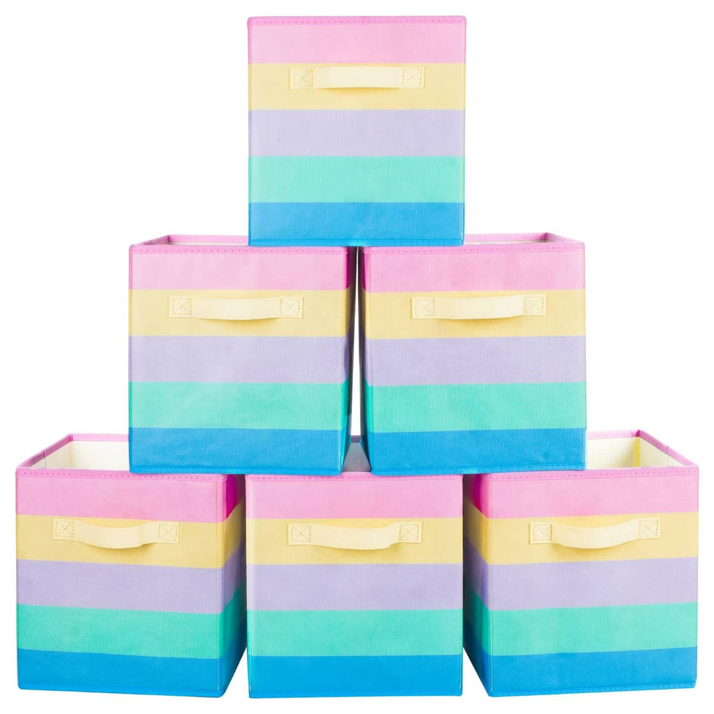 Stacked rainbow fabric storage cubes with foldable bin lids and handles