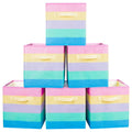 Stacked rainbow fabric storage cubes with foldable bin lids and handles